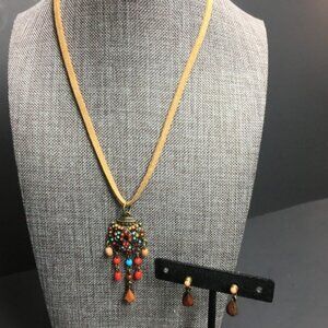 Exotic Multicolor Necklace Earrings 16 In Bronze Dangle Pierced Teardrop Suede